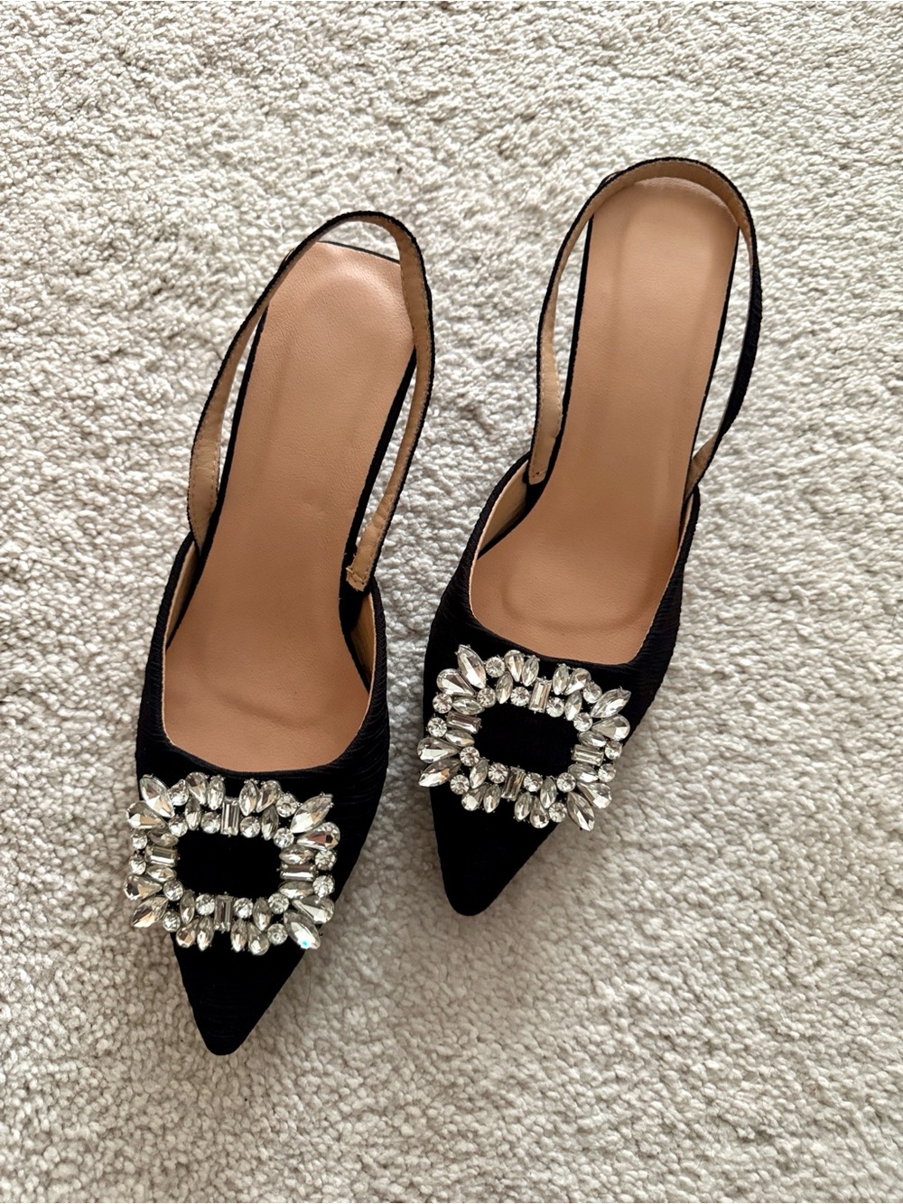 Embellished Black Pointed Slingback Kitten Heels